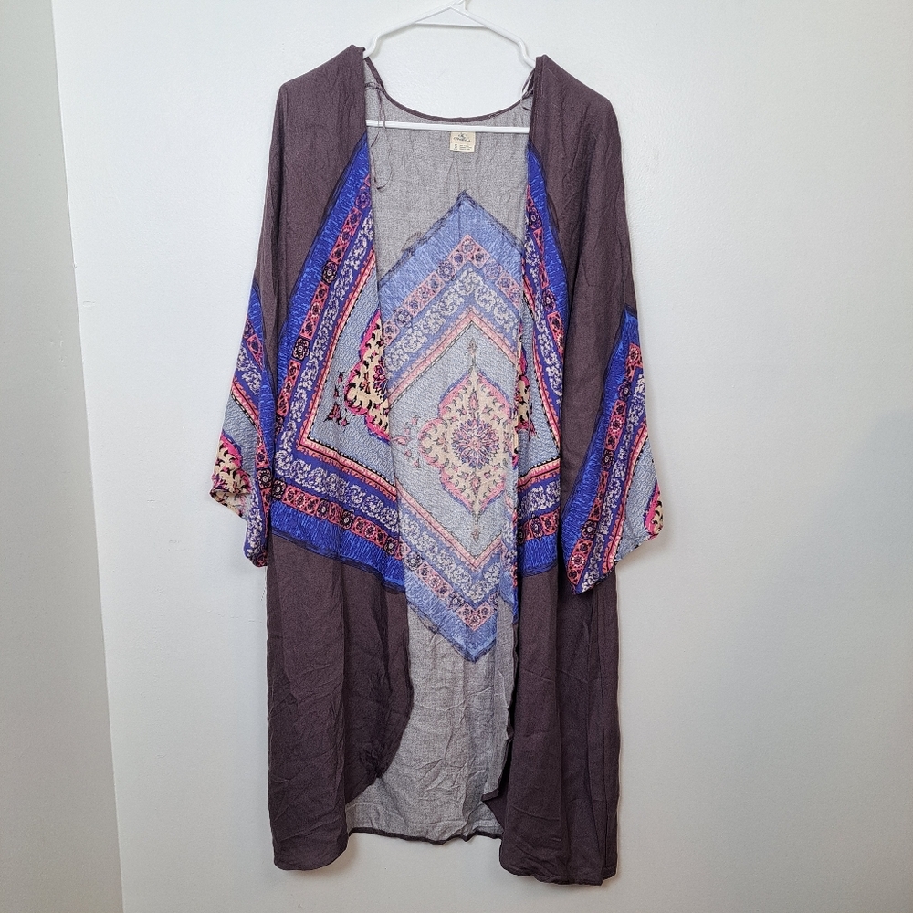 O'neill Mauve Blue Pink Geometric Boho Festival Summer Long Kimono Size Small